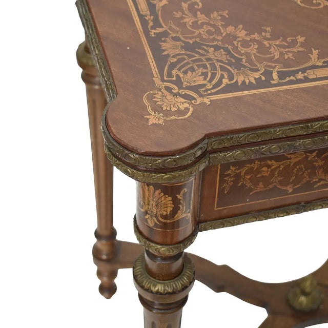 Wood 1950s French Style Fold Over Game Table Satinwood Inlay Brass Ware For Sale - Image 7 of 7