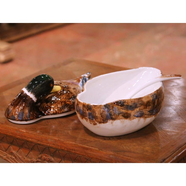 Brown Late 20th Century Italian Majolica Duck Form Soup Tureen With Ladle For Sale - Image 8 of 16