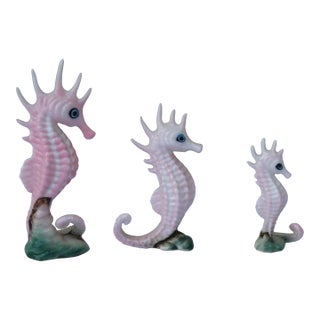 Bone China Miniature Pink Seahorse Figurines 3 Piece Family For Sale