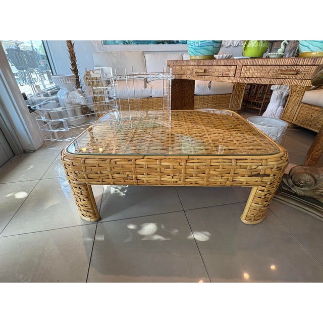 Vintage Ralph Lauren woven rattan bamboo wicker coastal Palm Beach coffee cocktail table. We had a new piece of glass cut...