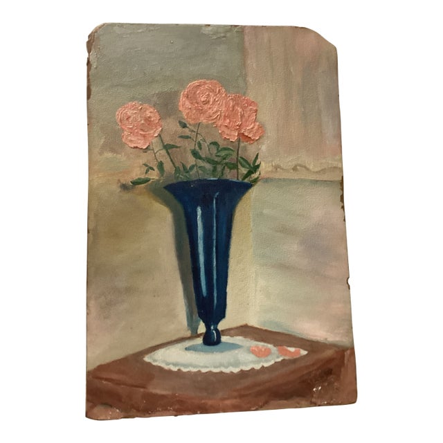 1939 Hand-Painted Impasto Pink Peonies Still Life Painting For Sale