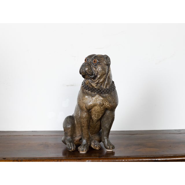 English 19th Century Terracotta Bulldog Statue with Silver Collar and Glass Eyes For Sale - Image 11 of 11