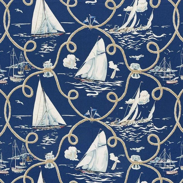 Sample- Schumacher Summer Regatta Linen Print Fabric in Navy For Sale