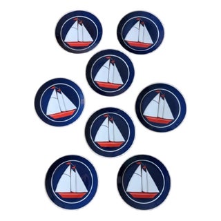 Vintage Nautical Themed Design Plates With Sailboat - Set of 8 For Sale