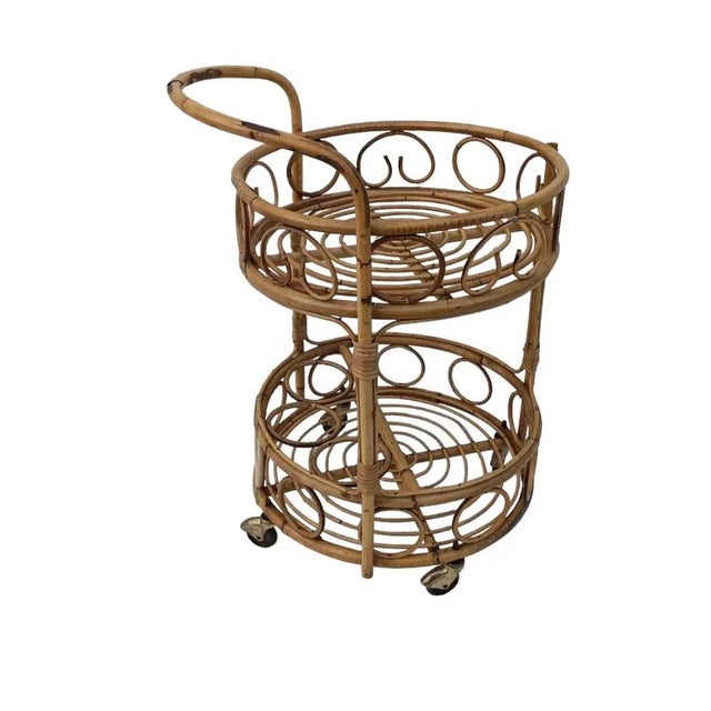 1950s Mid-Century Rattan Bamboo Bar Cart Serving Trolley 1950s Italy For Sale - Image 5 of 5