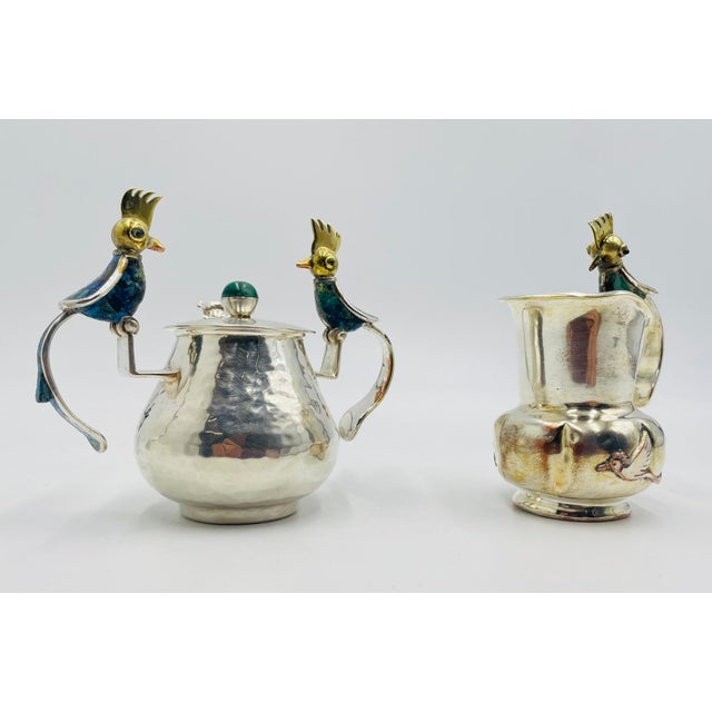 1960s Los Castillo Taxco Bird of Paradise Creamer & Sugar W Malachite Lapis - a Pair For Sale - Image 10 of 18