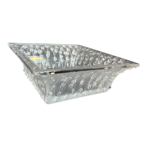 1930s Lalique "Roses" Square Bowl, Featuring a Frosted Crystal Exterior Adorned With a Detailed Relief Pattern of Rose Blossoms and Trellises.