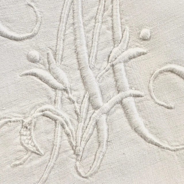 1940s Fine French Antique Linen Pillowcase, Hand Embroidered MG Monogram & Scalloped Edge, France circa 1900 For Sale - Image 5 of 9