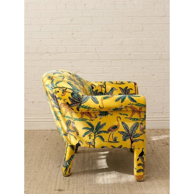 Textile Vintage Postmodern Yellow Jungle Print Barrel Lounge Chair For Sale - Image 7 of 12