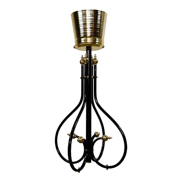 1980’s Hollywood Regency Black & Brass Plant Stand & Planter For Sale