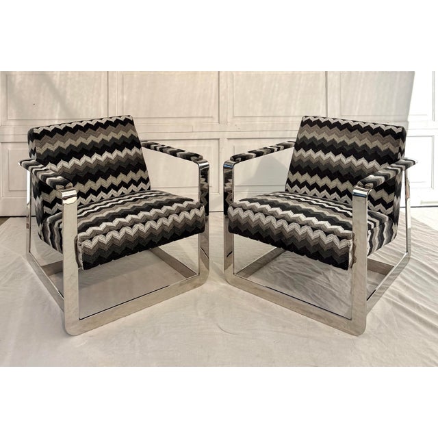 DIA - Design Institute America Pair of Mid-20th Century Chrome Frame Lounge Chairs With Flame Stitch Upholstery, Newly Recovered For Sale - Image 4 of 16