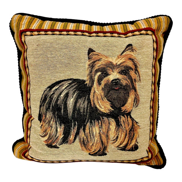 1980s Vintage Traditional Yorkshire Terrier Tapestry Decorative Pillow. For Sale