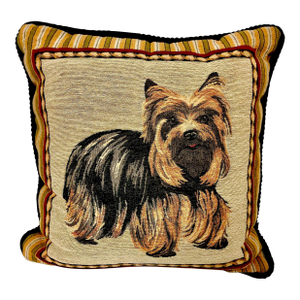 1980s Vintage Traditional Yorkshire Terrier Tapestry Decorative Pillow.