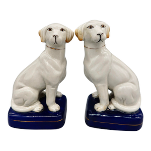 Pair of Vintage Staffordshire-Style Ceramic Labrador Figurines — Cobalt Blue Base, Gilt Detail