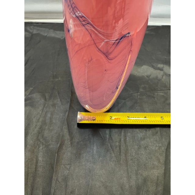 Glass Asylum Beautiful Hand Blown Art Glass Vase Pink Blue Swirls Euc Signed For Sale - Image 9 of 10