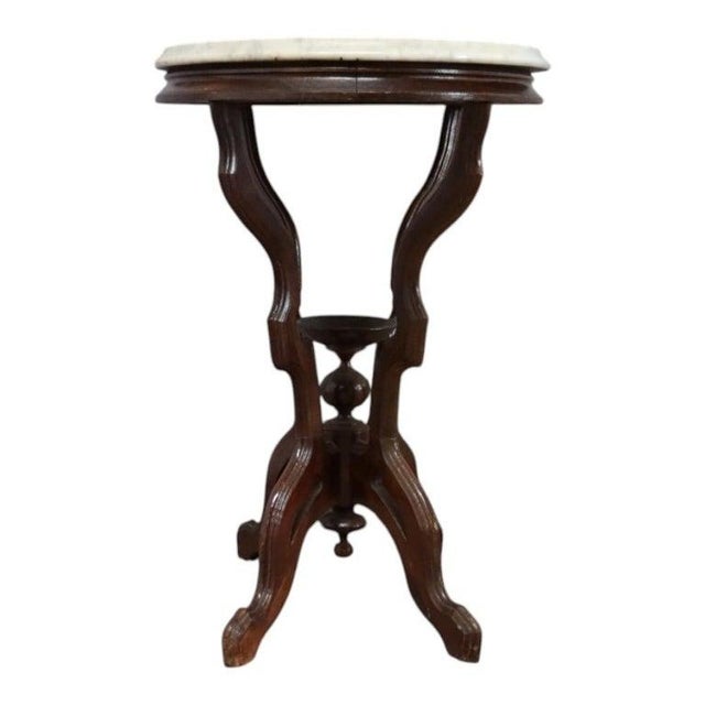White Antique Eastlake Carved Walnut Oval Marble Top Table Unsigned C1890 For Sale - Image 8 of 10