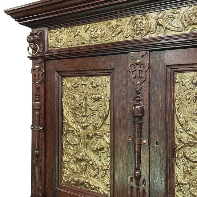 19th Century Flemish Renaissance Revival Secretary Bookcase in Solid Oak With Embossed Brass Panels For Sale - Image 9 of 13