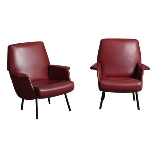 Italian Red Skai Armchairs with Black Lacquered Iron Legs, 1950s, Set of 2 For Sale