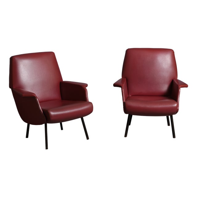 Italian Red Skai Armchairs with Black Lacquered Iron Legs, 1950s, Set of 2 For Sale
