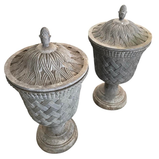 Pair of Neoclassical Style Basketweave Lead Garden Urns With Finial Lids For Sale - Image 4 of 10