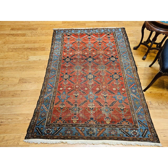 Vintage Persian Malayer Area Rug, Hand-Knotted Wool, Geometric Pattern, 4x6, Red & Blue For Sale - Image 13 of 14