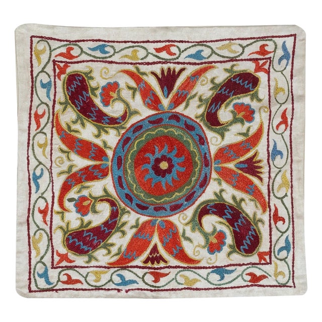 17"x18" Hand Embroidered Silk and Cotton Cushion Cover. Uzbek Toss Pillow Cover For Sale