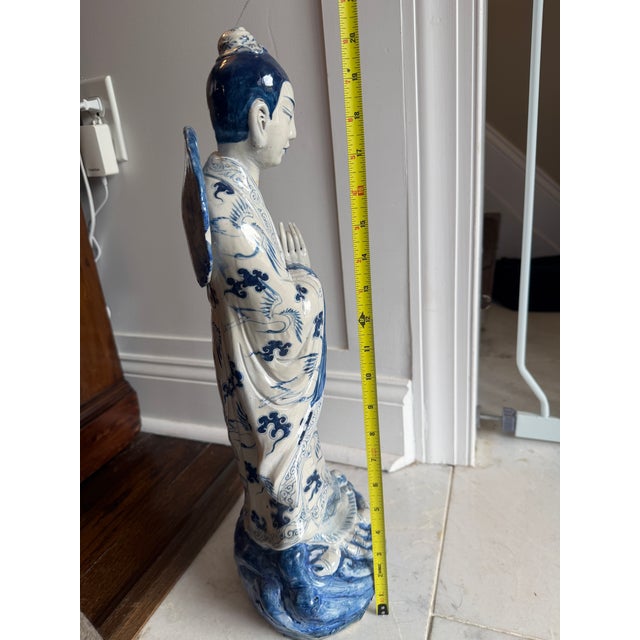 Ceramic Antique Chinese Porcelain Immortal Statue, Blue & White China Crab Figural For Sale - Image 7 of 12