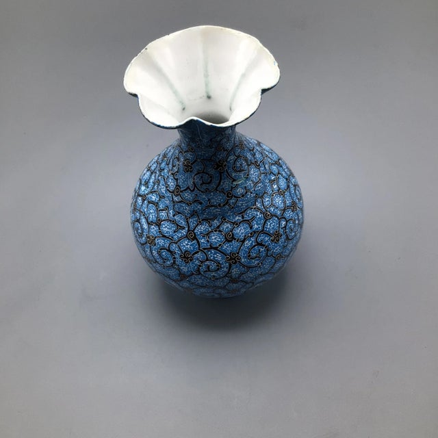 Vintage Ottoman Style Persian Enamel Floral Mouth Vase Blue Gold and White Enamel Over Metal Body With Artist Mark For Sale - Image 10 of 13