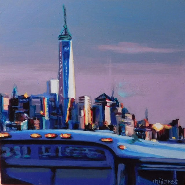 This acrylic painting captures the iconic silhouette of the Freedom Tower against a twilight sky, rendered in rich blues...