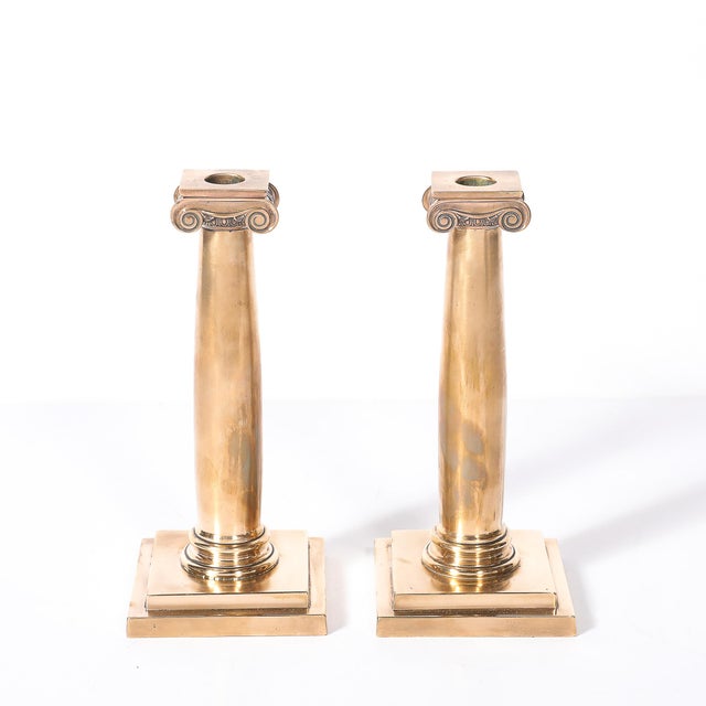 Metal Art Deco Solid Bronze Plinth Base Corinthian Style Candleholders Signed Gorham For Sale - Image 7 of 15