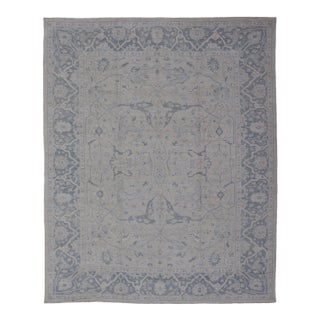 Modern Oushak Rug in Soft Gray With Blue Tones and Refined Classical Motifs For Sale