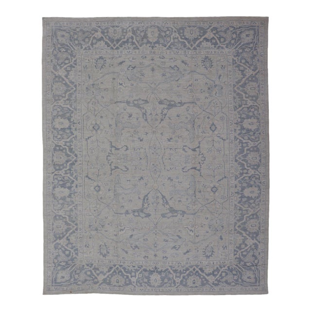 Modern Oushak Rug in Soft Gray With Blue Tones and Refined Classical Motifs For Sale