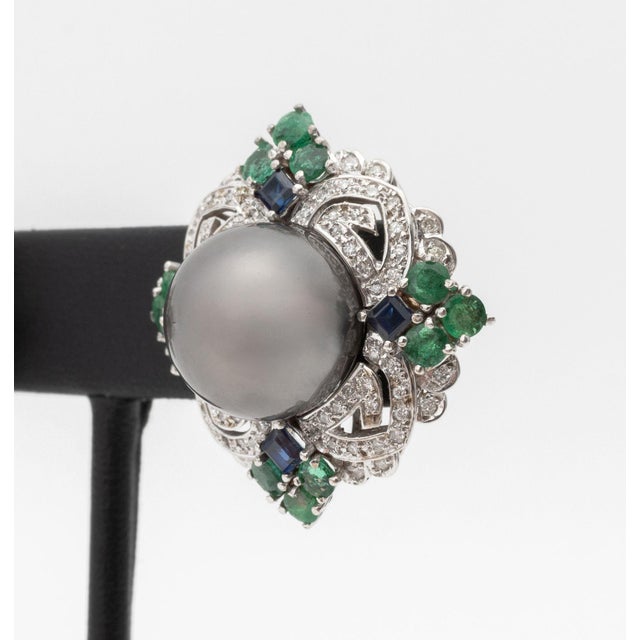 Contemporary Art Deco Style 18k White Gold, Pearl, Multicolor Gemstones, and Diamond Earrings For Sale - Image 3 of 10