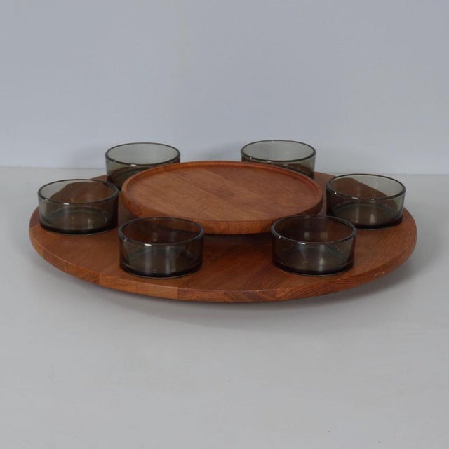 Lazy Susan with glass bowls, a practical snack carousel from the 1960s for serving snacks, nuts or dips. The round teak...