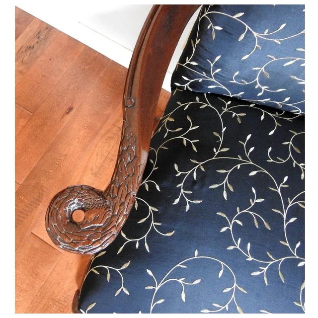 Black 19th Century Antique Re-Upholstered Ho Ho Bird and Shell Motif Carved Side Chairs With Arm Rests Set of 2 For Sale - Image 8 of 13