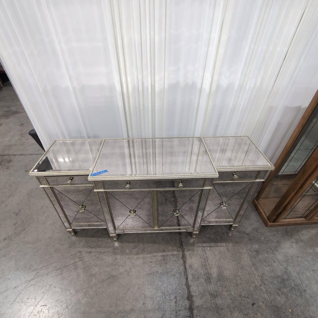 Hollywood Regency Horchow Amelie Mirrored Breakfront Buffet With Silver Leaf Trim, 3 Drawers and 4 Doors For Sale - Image 3 of 12