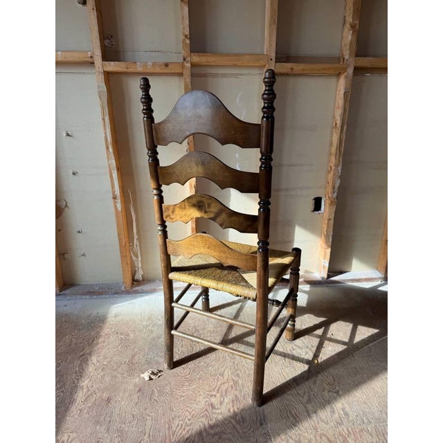 Vintage Early American French Rustic Style High Ladder Back Rush Seat Side Chairs For Sale - Image 13 of 17