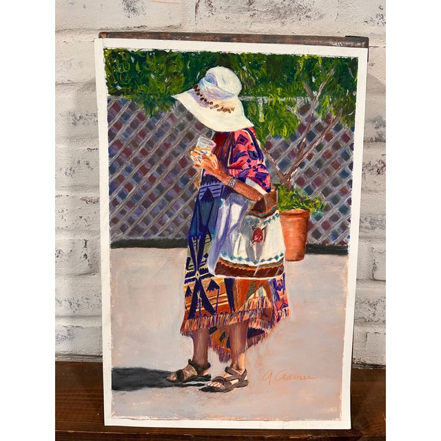 1990s Original Oil Pastel Figurative Painting, Woman in Sun Hat With Southwestern Textiles, Signed (Artists Unknown) For Sale In Washington DC - Image 6 of 6