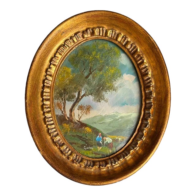 Vintage French Miniature Oil Painting, Signed Bucolic Landscape in Original Oval Gilt Frame For Sale