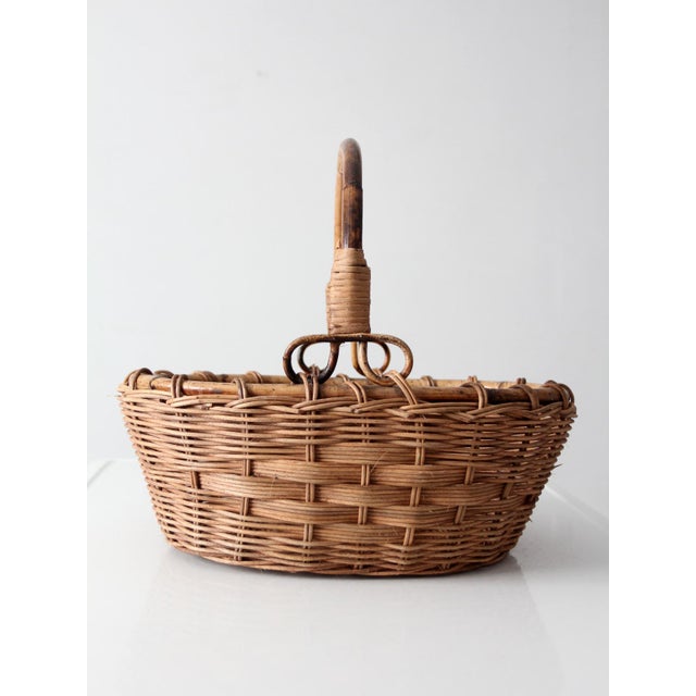 Vintage Woven Gathering Basket With Bamboo Handle For Sale - Image 6 of 13