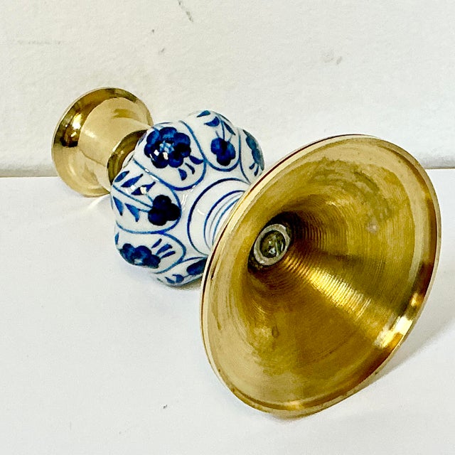 Mid-Century Boho Chic Hollywood Regency Ceramic Delft Blue & White, Brass Candle Holder For Sale - Image 10 of 11