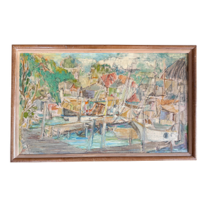 Vintage Boat Harbor Marina Painting Helen Silesky 1959
