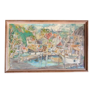 Vintage Boat Harbor Marina Painting Helen Silesky 1959 Boats in Florida Marina Cubist Mid Century Modern For Sale