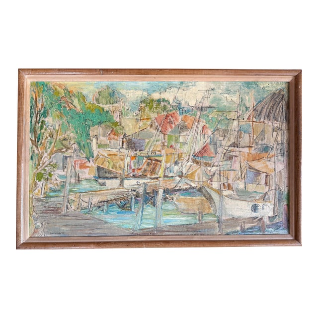 Vintage Boat Harbor Marina Painting Helen Silesky 1959 Boats in Florida Marina Cubist Mid Century Modern For Sale