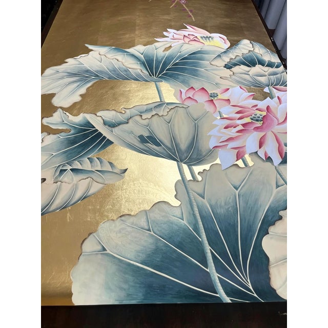 Chinoiserie Gold Leaf Hand-P Plum Blossom & Lotus Oriental Mural For Sale - Image 3 of 5