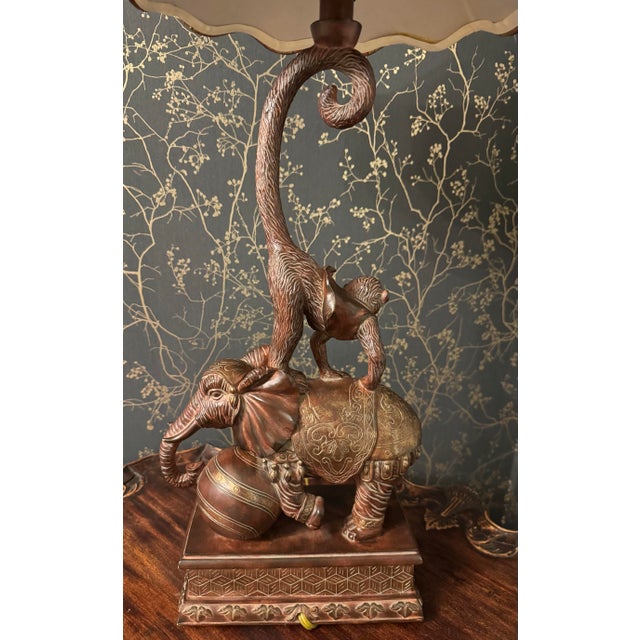 Brown Hollywood Regency Maitland Smith Elephant & Monkey Figural Lamp With Faux Tooled Leather Shade For Sale - Image 8 of 10