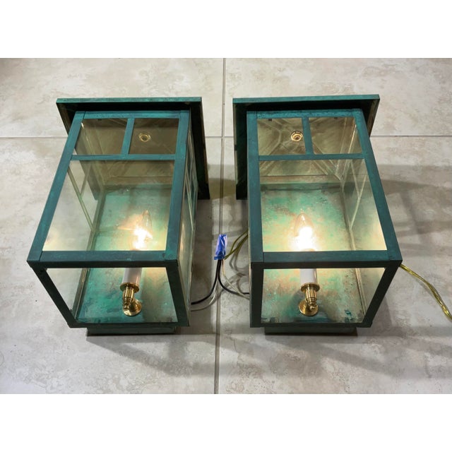 Metal Vintage Pair of Solid Brass Outdoor Wall Lanterns – 13”h X 7”.5w X 7”.5d For Sale - Image 7 of 18