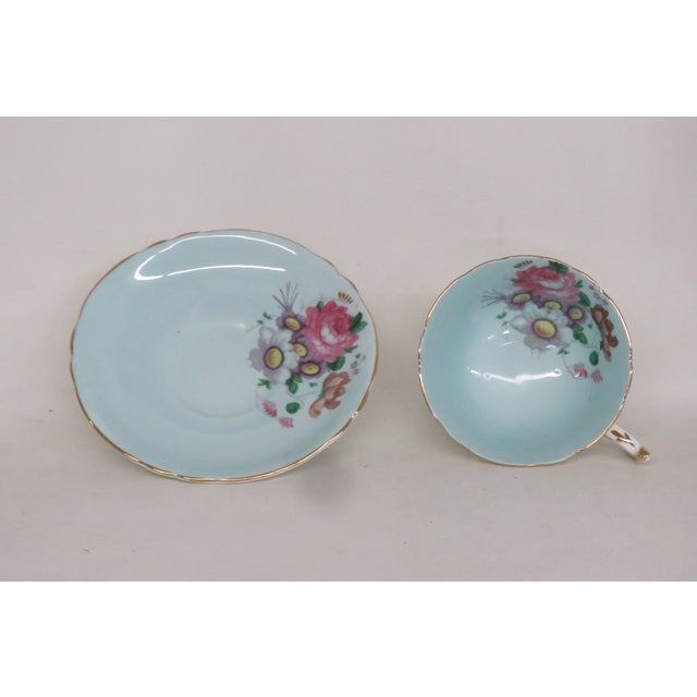 Mid-Century Modern Paragon Teal Blue Floral Bone China Set of Tea Cup and Saucer 4657b For Sale - Image 3 of 11