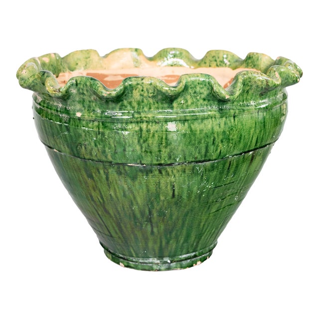 Large Vintage French Green Glazed Terracotta Scalloped Bowl Planter For Sale