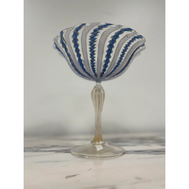 Italian Vintage Italian Venetian Murano Attributed Latticino Footed Glass For Sale - Image 3 of 11